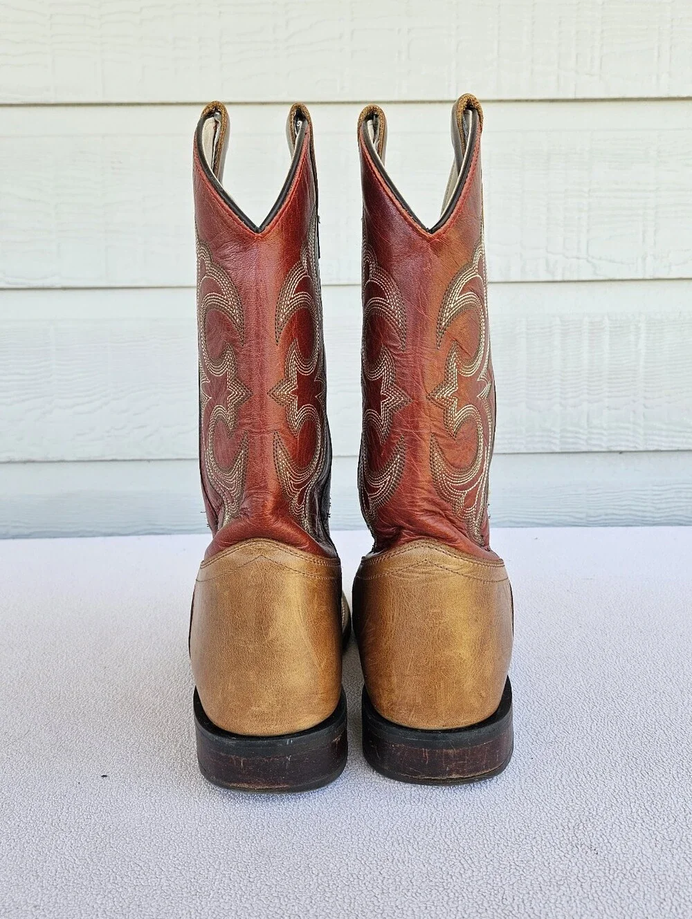 Old West Broad Square Toe Leather Western Cowboy Boots Youth SZ 5.5 Brown Red